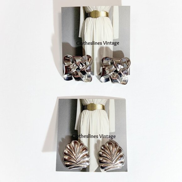 Vintage Silver Folded Bow Clip On Earrings - Picture 5 of 6